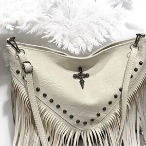 🆕 Vegan Leather Shoulder Bag with Fringe and Studs - Antique Gothic Cross Design